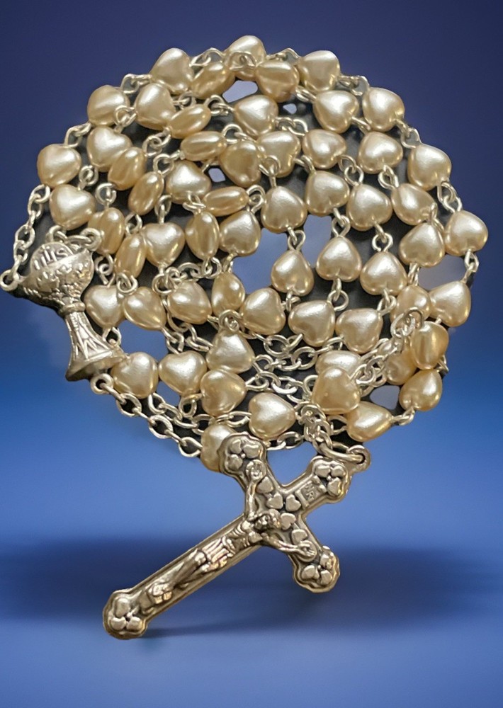 Catholic Heart Pearl Rosary, Silver Tone  Crucifix