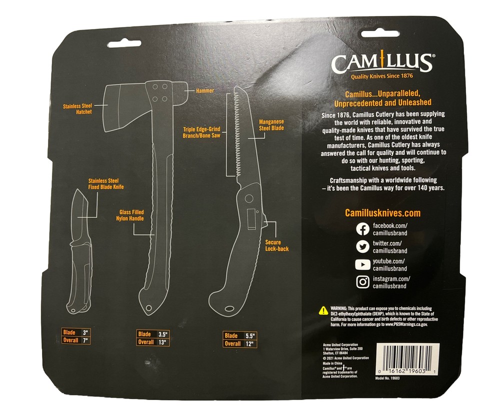 Camillus Multi-Tool Camp Pack - 13" Hatchet, Fixed Blade Knife, Folding Saw