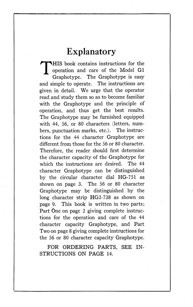 Instructions For Operating Class G1 Graphotype Owners MANUAL