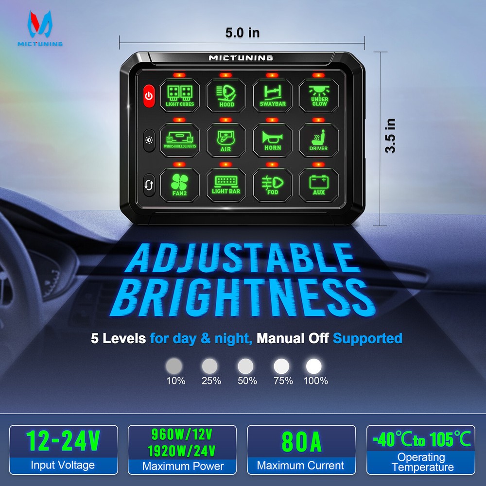 MICTUNING 12 Gang Switch Panel, LED Touch Switch Flash LED Light Power Circuit