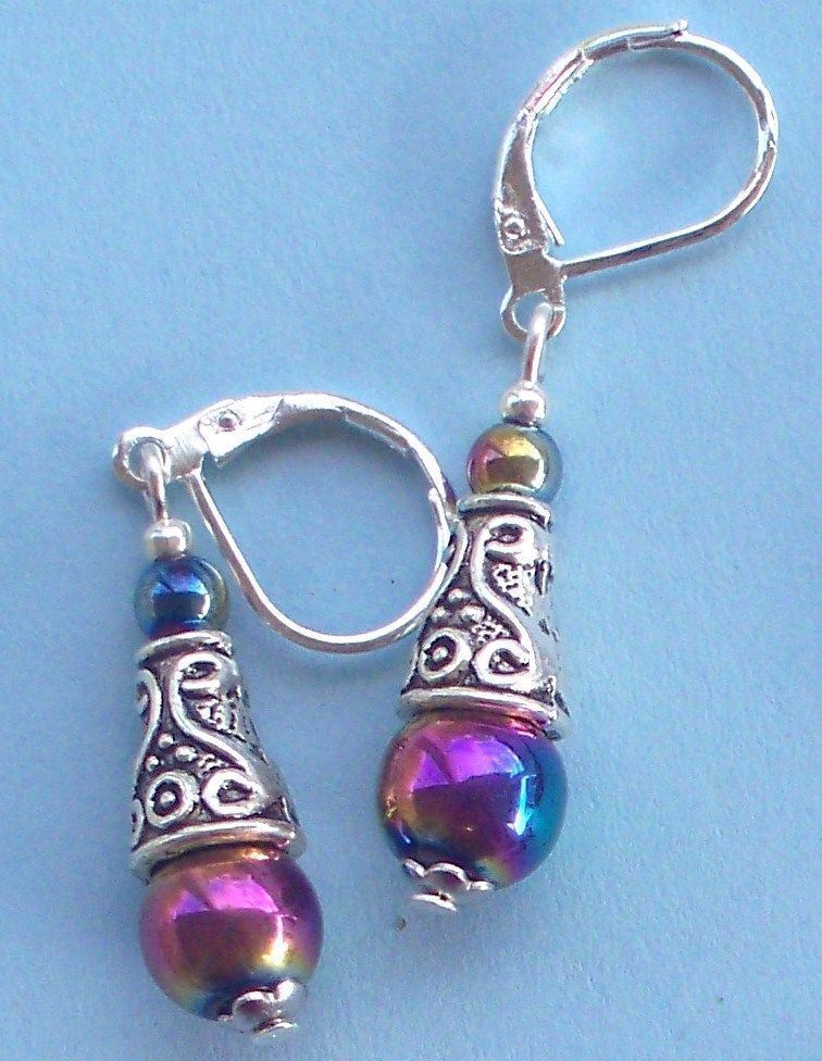 RAINBOW HEMATITE Bali cone earring SP LEVERBACK handcrafted XX