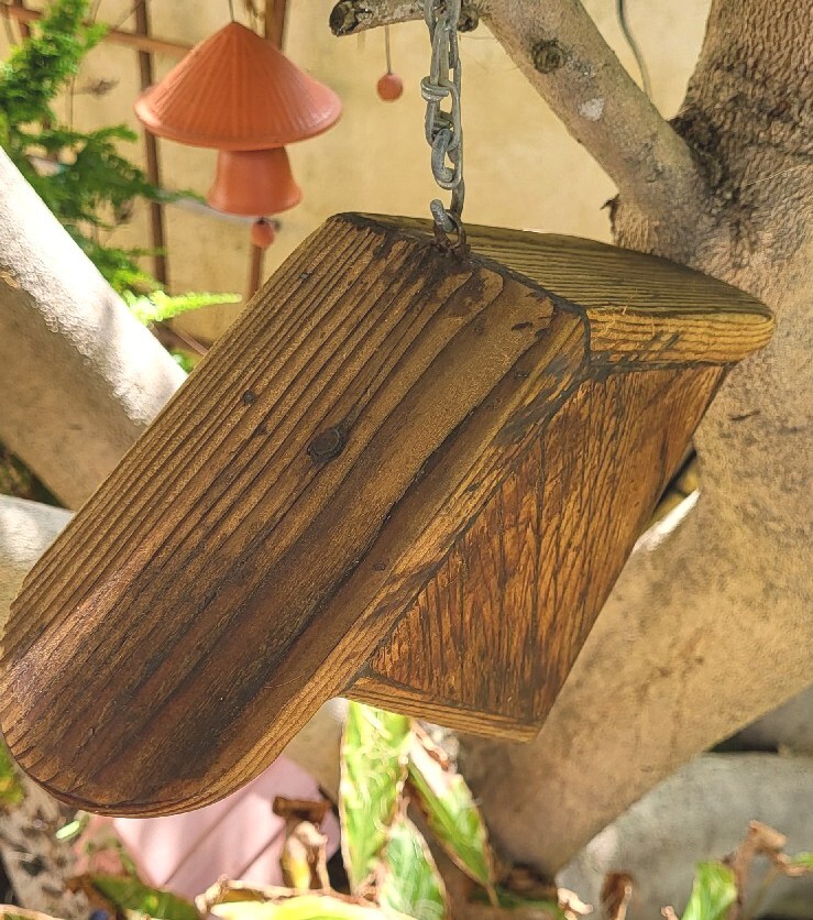 Vintage Triangular Hanging Birdhouse In Solid Oak, Heart Shaped Entry, Good Cond