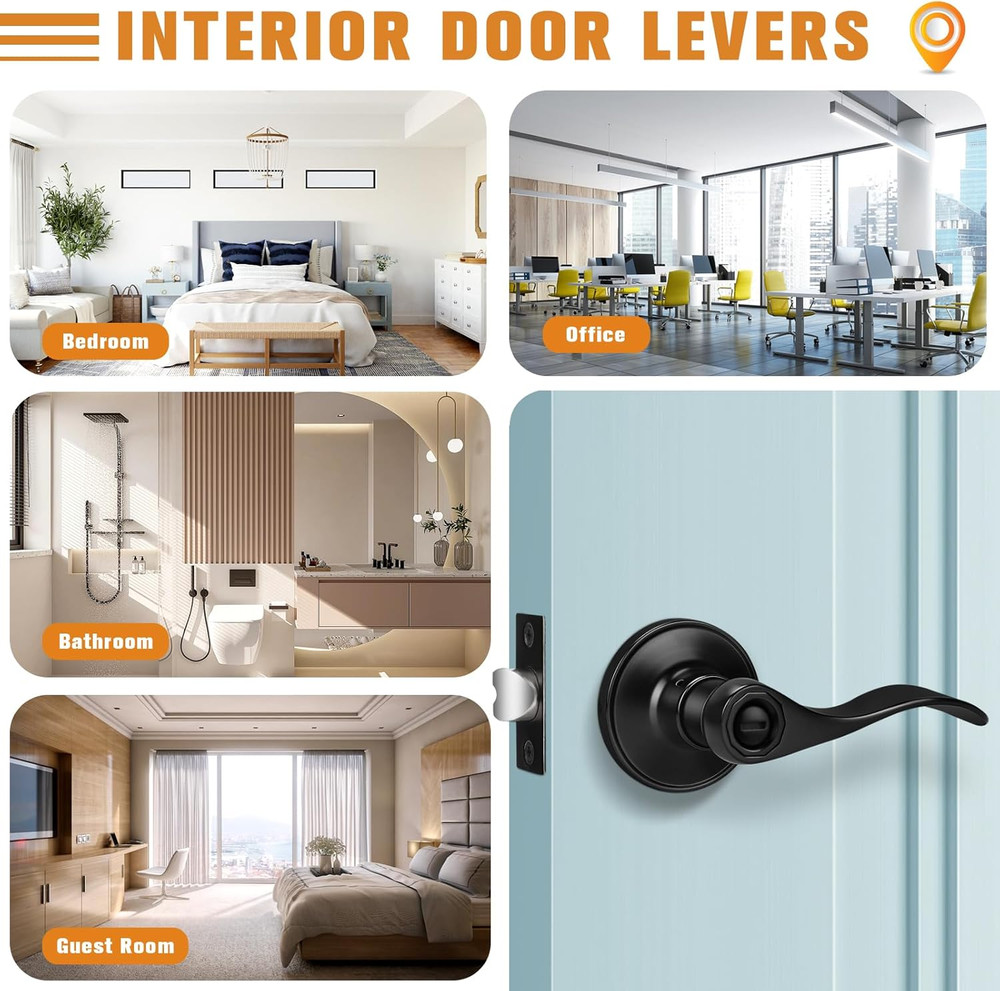 Wave Style Matte Black Privacy Door Knobs, Reversible Bed/Bath Door Levers, Inte