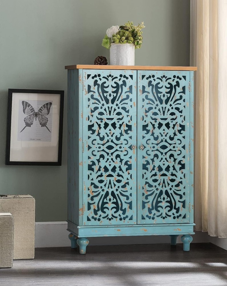 PHI VILLA 47.4" Tall Accent Distressed Cabinet Storage 2 Doors Handmade Rustic