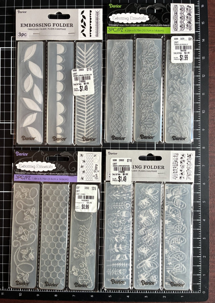 Darice Embossing Folder 3 Piece Set BORDER BEE THEME, DOILY or VERTICAL LEAVES