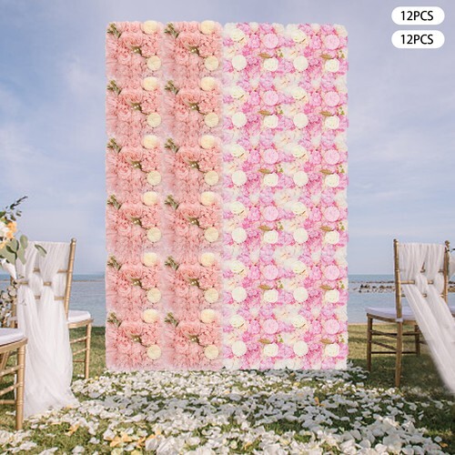 3D Flower Wall Panel-12pcs Artificial Flower Wall Background Silk Rose Wedding