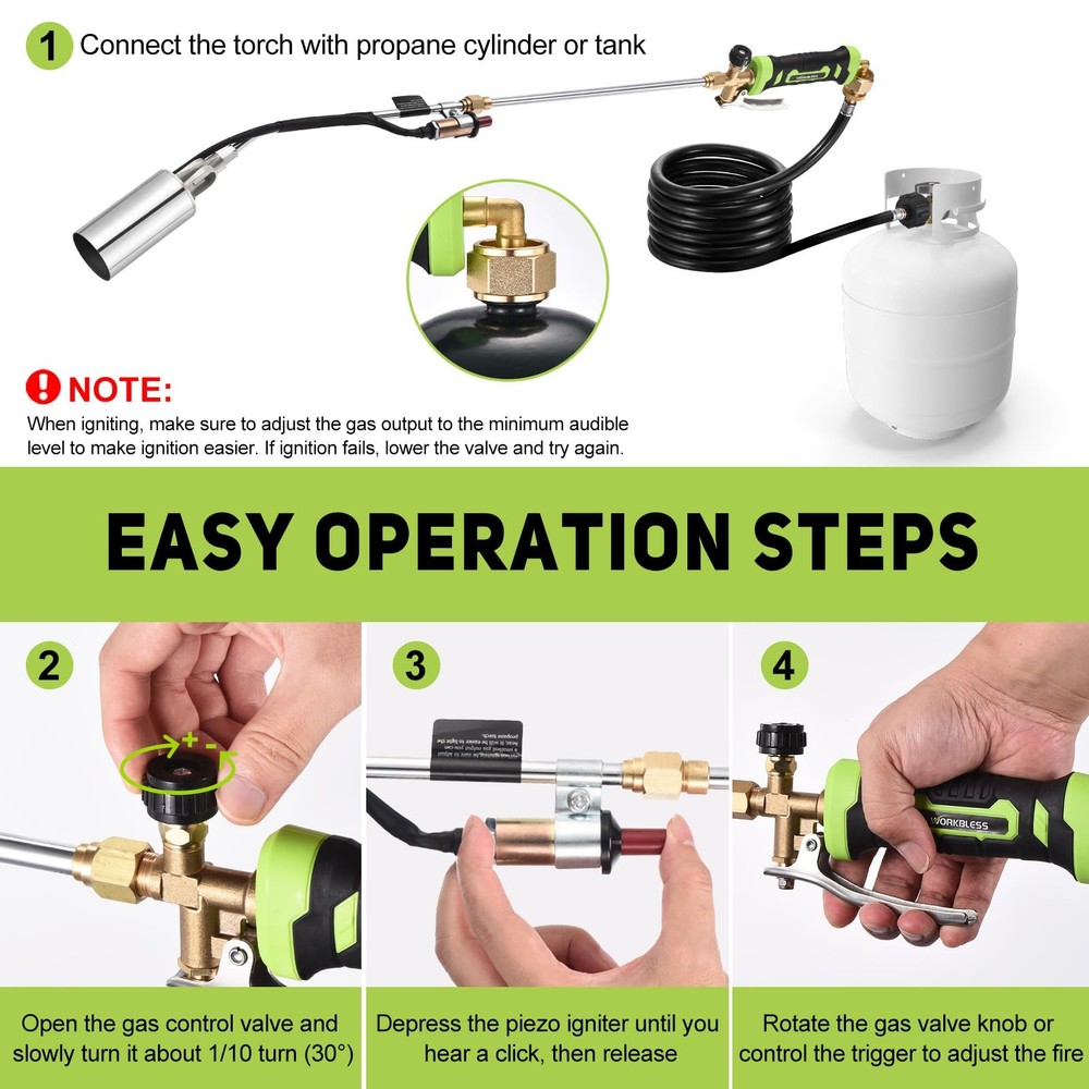WorkBless Weed Torch, Propane Torch Burner with 10 ft Hose, Black