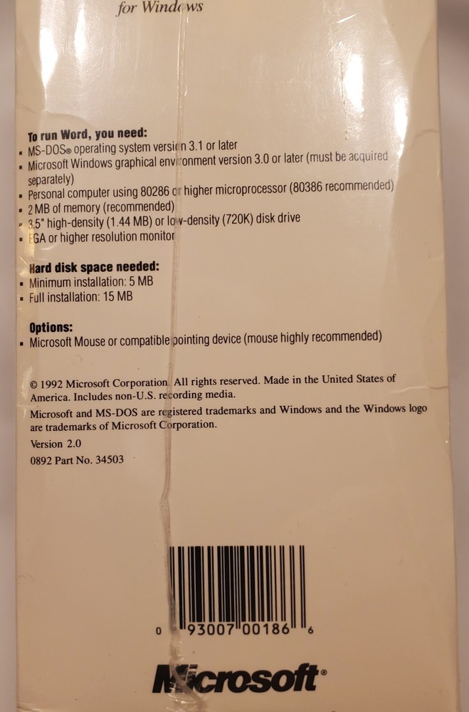 Microsoft Word for Windows 1992 BRAND NEW UNOPENED