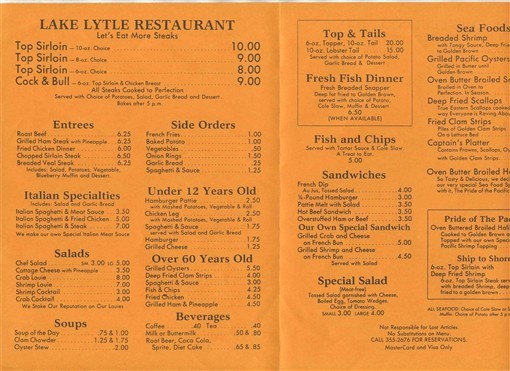 Lake Lytle Restaurant Menu Rockaway Beach Oregon 1990's