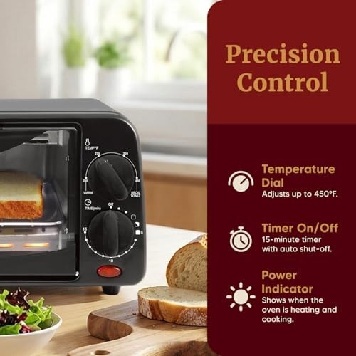Compact 2-Slice Toaster Oven with Timer & Adjustable Temp - Bake, Broil, Toast
