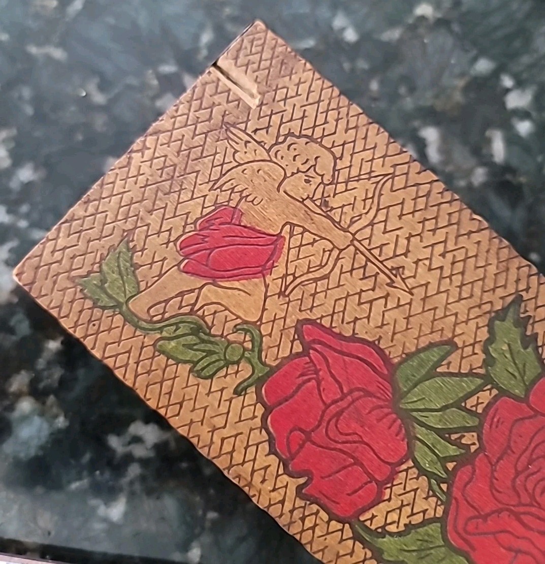 Antique Pyography Box Wood Valentine Painted Hearts Cupid Lady UNIQUE 10×3 1/2×2