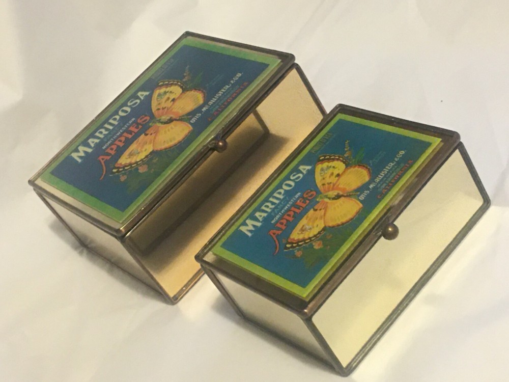 Two Decorative Mirror Metal Boxes Butterfly Apple Label