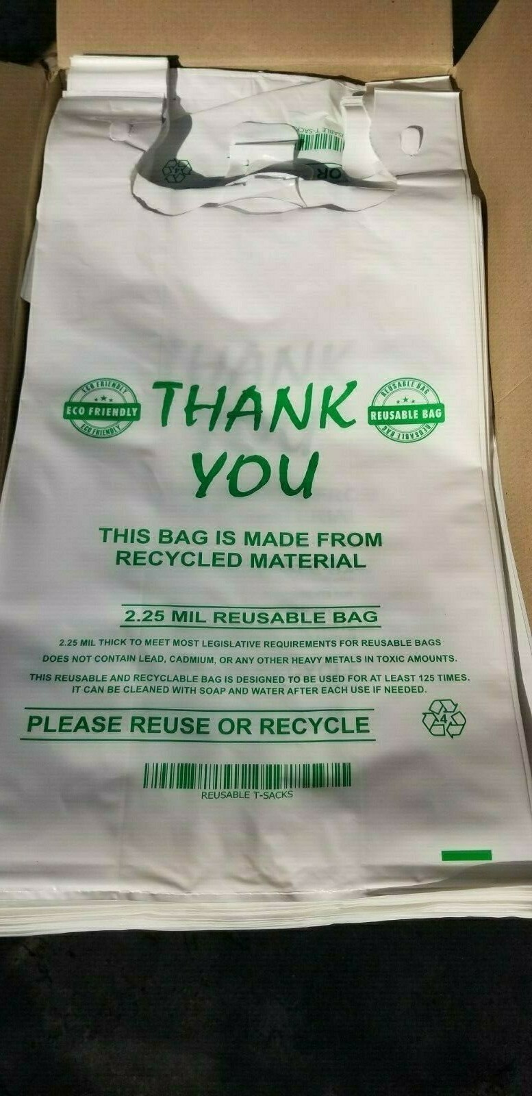 MyBrownBoxes 50pcs LG Thick (2.25Mil) "Reusable" Plastic Shopping Bags, 12x7x23