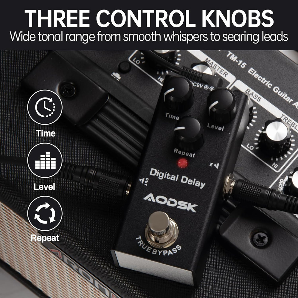 Electric Guitar Effect Pedal, Digital Delay, Time, Level, Repeat,True Bypass, 9V