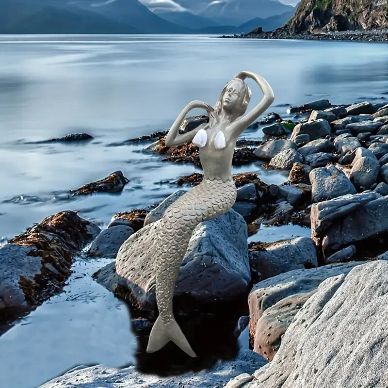 NEW 8" Vintage Silver Style Shelltop Mermaid Sits Resin Figurine Sculpture 8x2.4