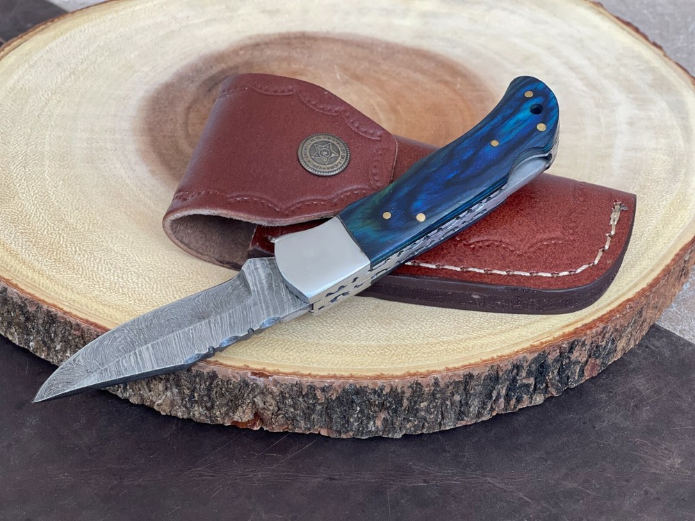 Damascus Folding Pocket Knife With Small Defects Handmade (See Description)