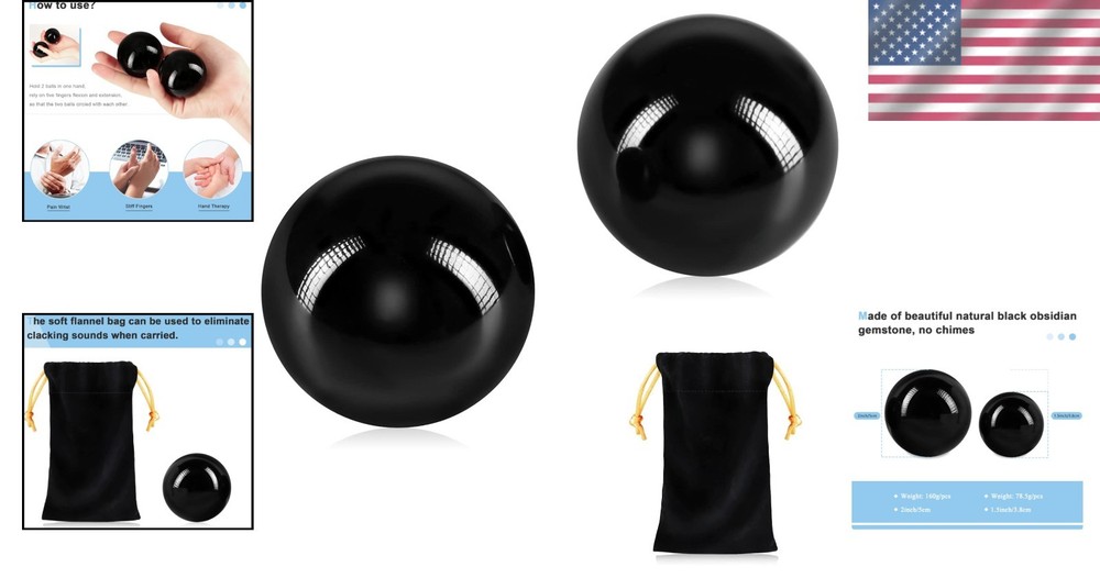 Black Obsidian 2-Inch Baoding Balls for Hand Exercise & Relaxation