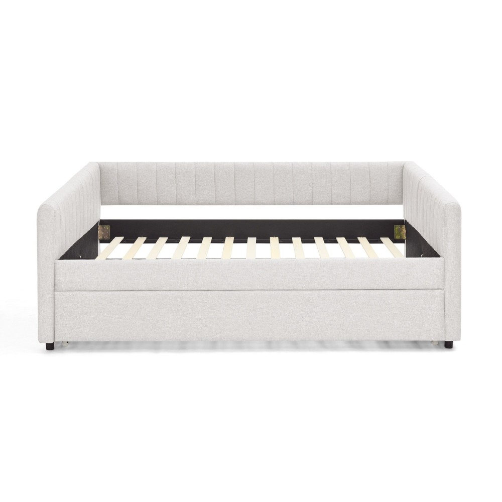 Full Daybed Modern Linen Upholstered Bed Frame Sofa Bed with Pull-Out Trundle