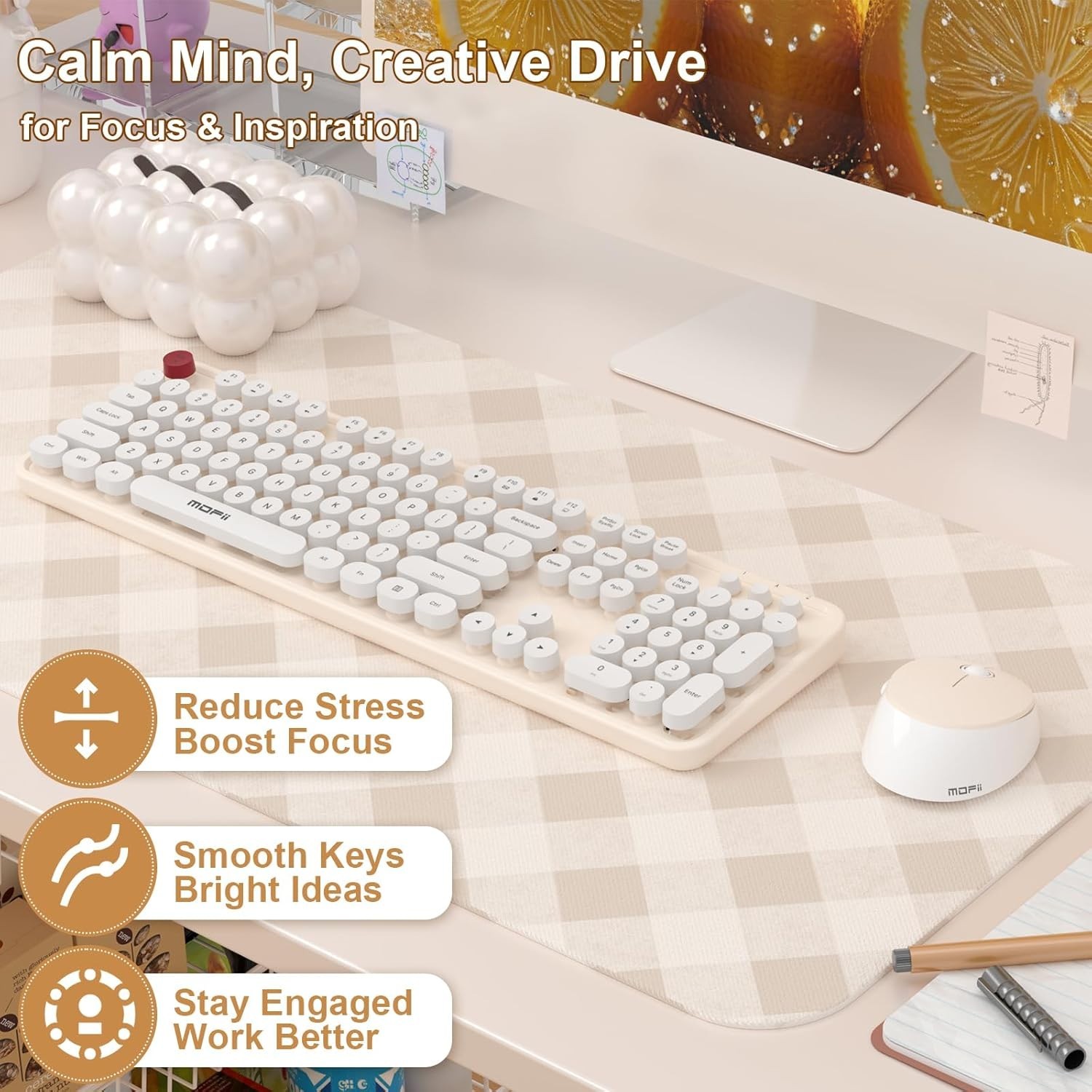 Wireless Keyboard and Mouse Combo Ergonomic White 104 Keys for PC/Laptop/Phone