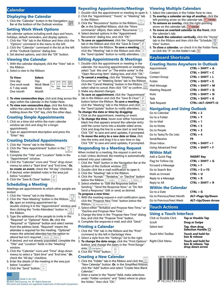 Outlook 2021 & 365 Training Guide Quick Reference Card Cheat Sheet Instructions