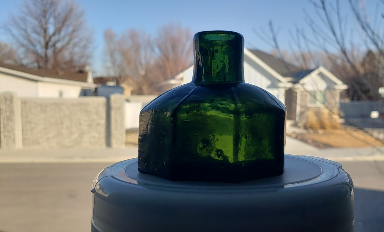 Deep Green Octagonal Ink Bottle Rolled Lip Multi Sided