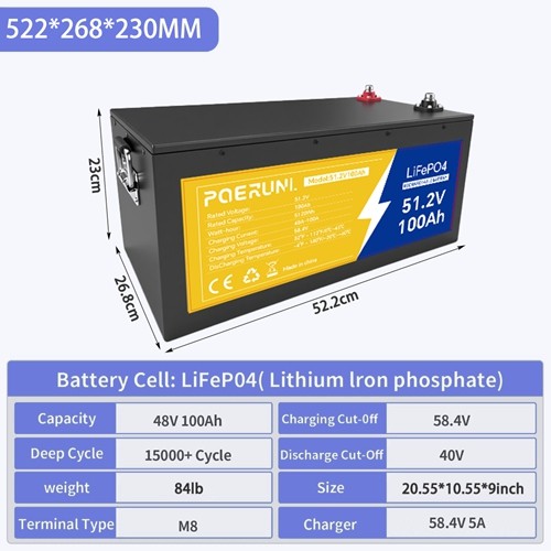 48V 100Ah LiFePO4 Lithium Battery BMS Deep Cycles for RV Solar Boat Golf Cart