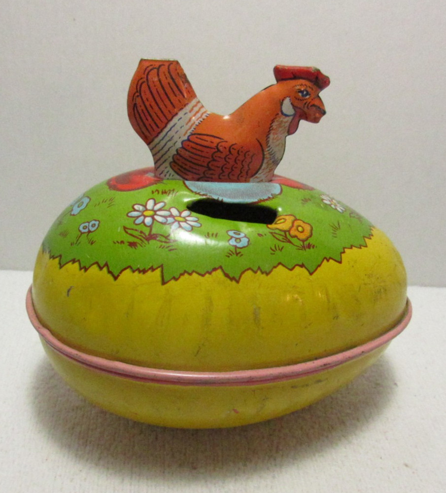 CHEIN TIN NESTING HEN ON EASTER EGG CONTAINER /MADE INTO BANK - DOESN'T OPEN