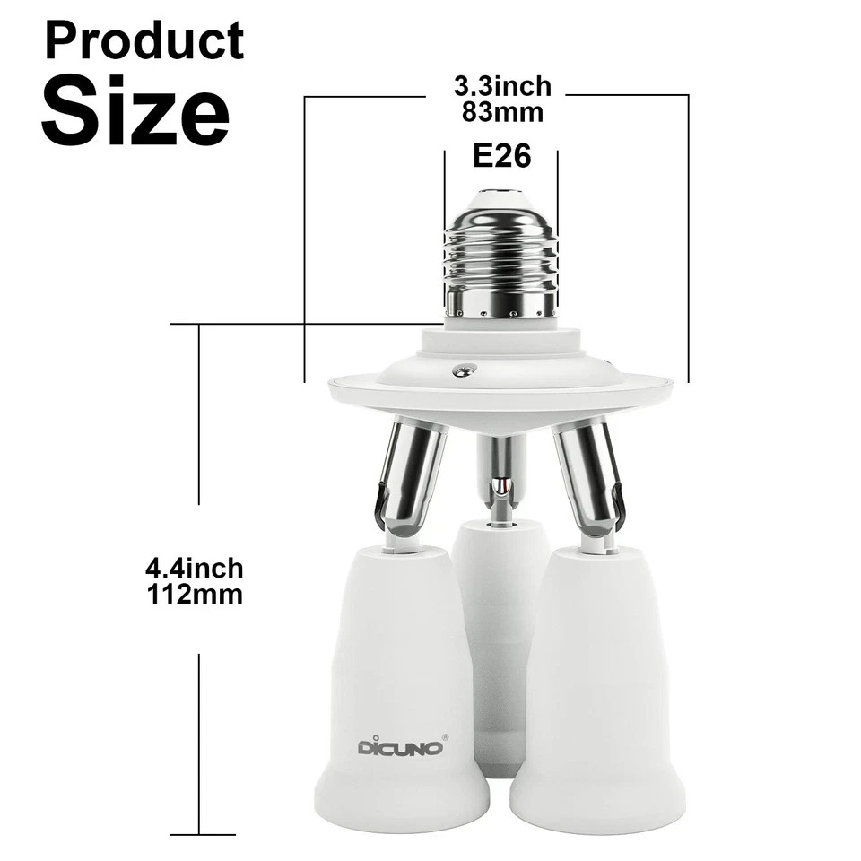 Dicuno 3 in 1 E26 Light Socket Splitter Adapter, Standard Base LED Bulb Converte