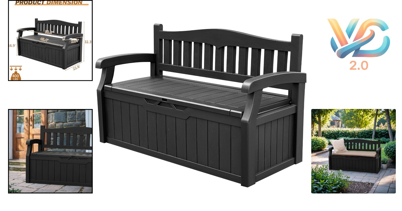 80 Gallon Lockable Storage Bench Outdoor Patio Furniture Garden Tool Box Black