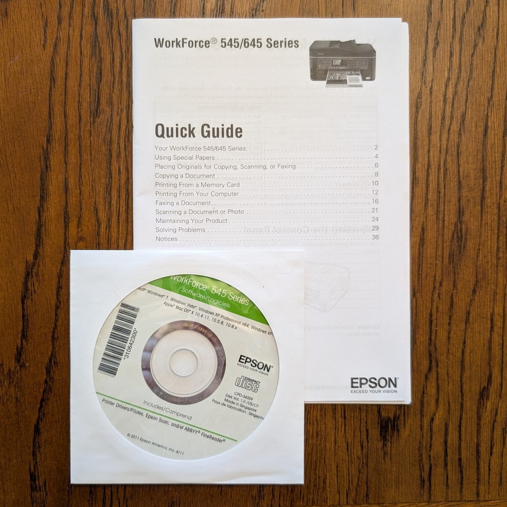 Epson Workforce Series 545/645 Printer Manual Quick Guide, Software Disc Drivers
