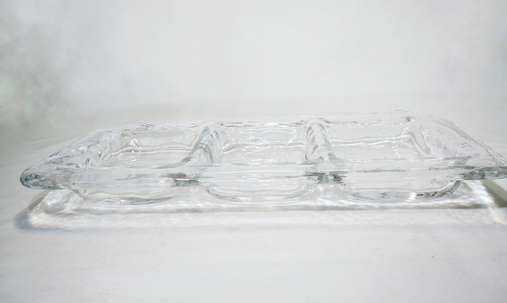 Recycled Glass Divided Tray 3 Compartments Rectangle Clear Pebbled Texture