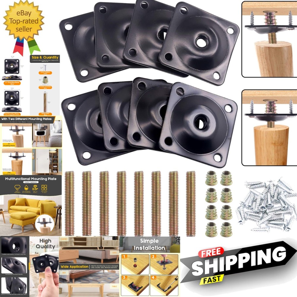 Durable Black Flat & Angled Leg Mounting Plates for Sofas - Easy Install Kit