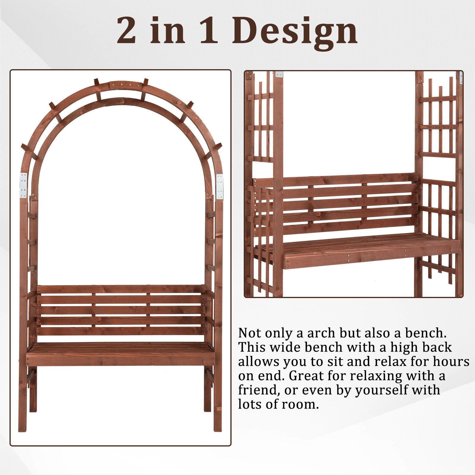 6.8FT Wooden Arch with Bench Garden Arbor Trellis for Climbing Plant Dark Brown