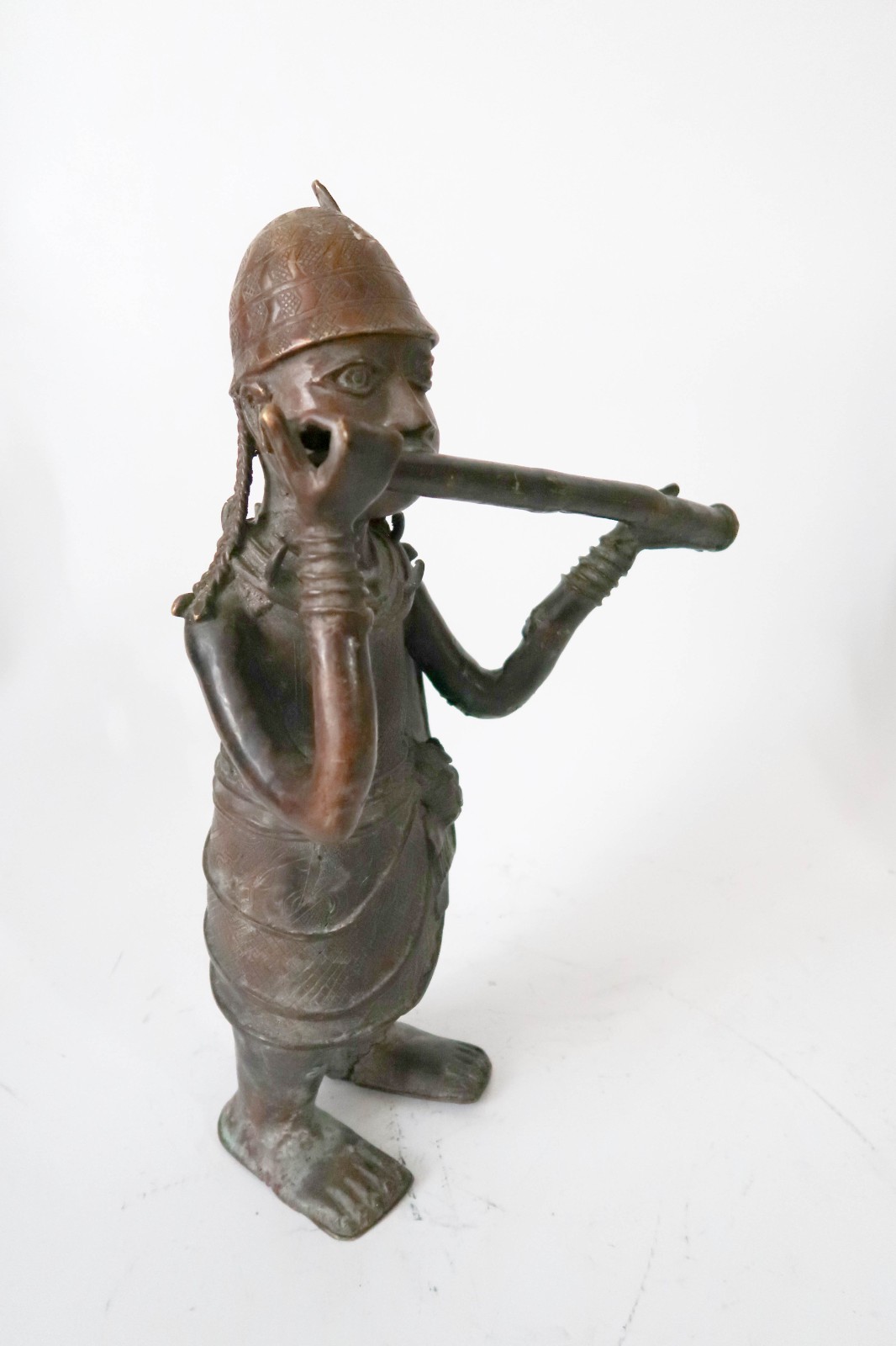 Large 20" BENIN Bronze Flute Player Sculpture Edo Nigeria Art King Oba Messenger