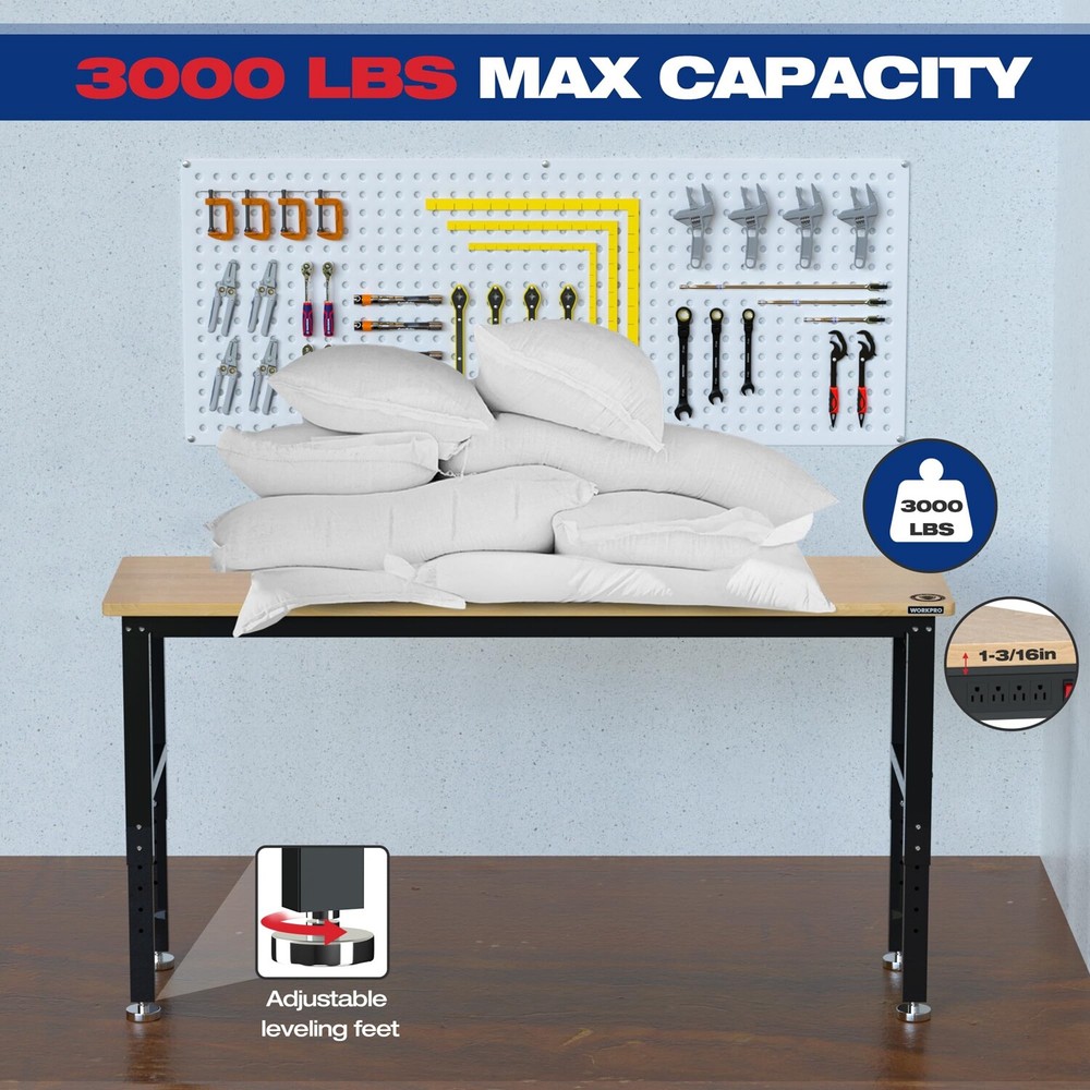 WORKPRO 72" Adjustable Workbench Garage Workbench with Power Outlet 3000LBS Load
