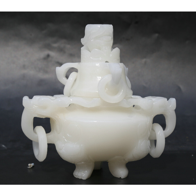 6.5" Chinese White Jade Carved Dragon Head Beast Tripodia Incense Burner Censer