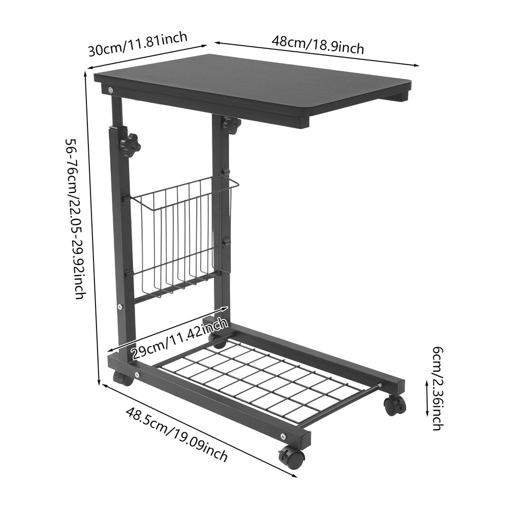 2 Tiers Adjustable Bed Side Table Thickened Mobile Standalone Table w/ Wheels