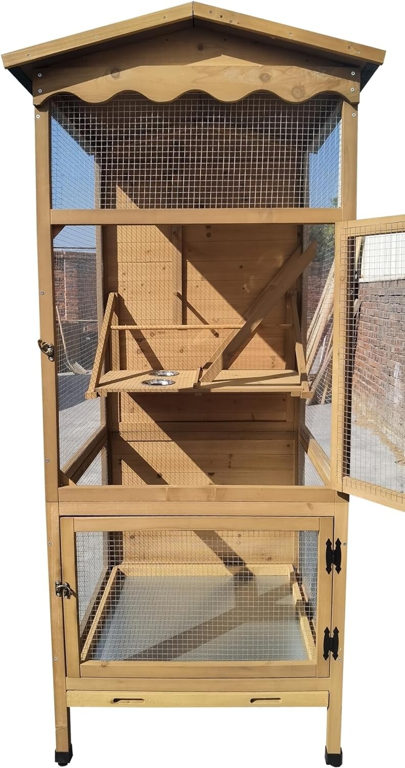 70” Large Outdoor Bird Aviary Weatherproof Wooden Indoor Bird Cage Clean Tray