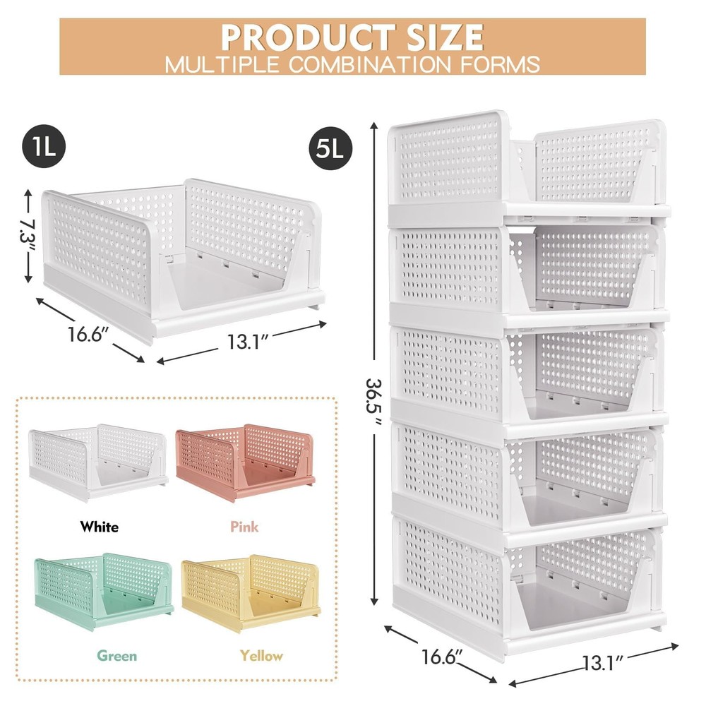 5 Pack Stackable Closet Storage Basket - Stackable Storage Bins, Multifunctio...