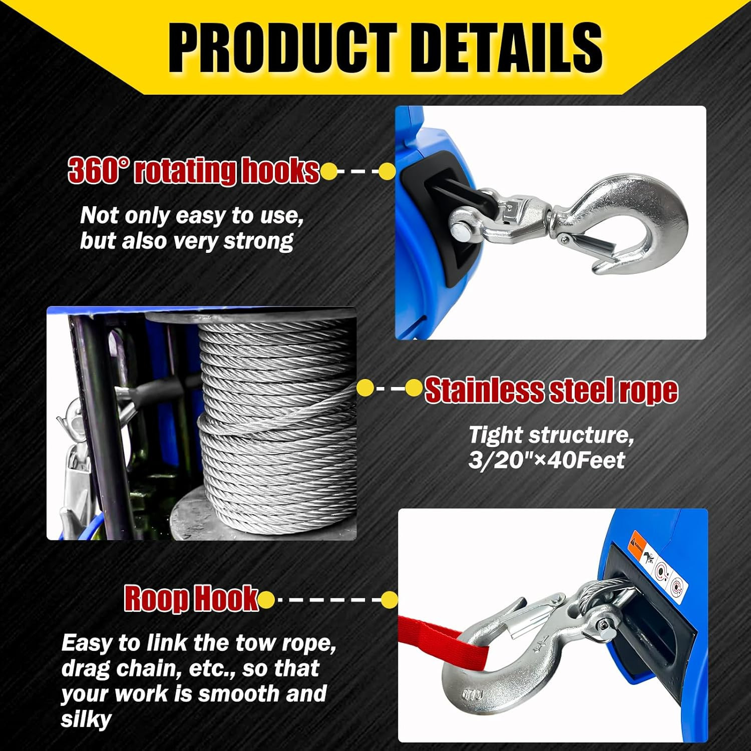 Portable Drill Winch 1000 LB Pulling Capacity with 40 Feet Alloy Steel Wire Rope