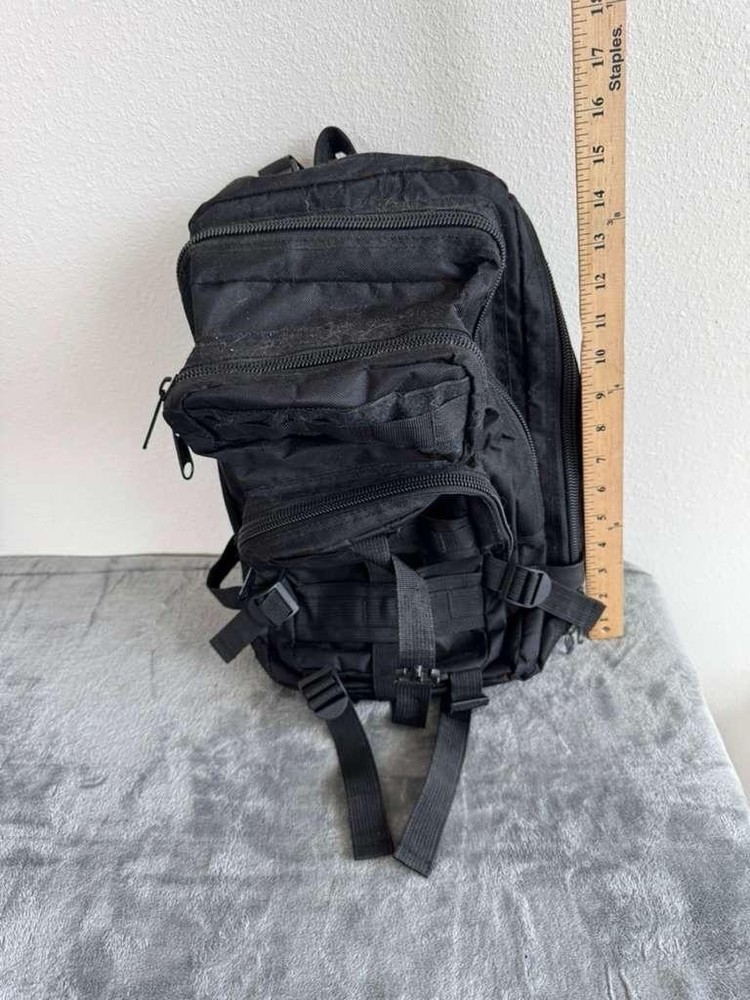 Black Nylon Tactical Backpack Adjustable Straps Multiple Compartments Zip Buckle