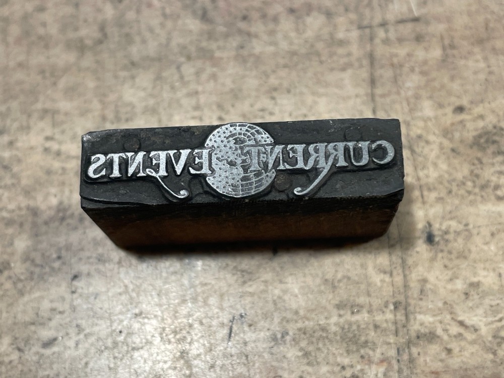 Printing Letterpress Printers Block 'Current Events' Header With Globe (2101)