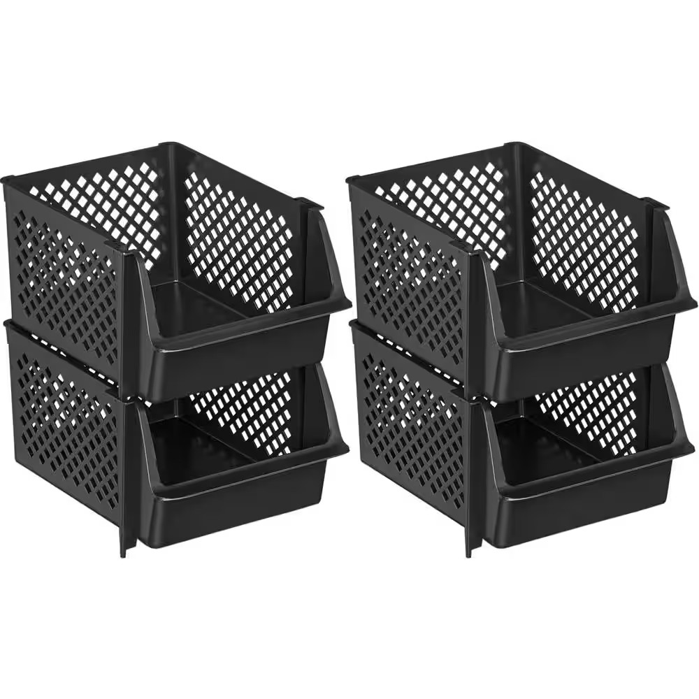 19 Qt. Plastic Stackable Storage Bins for Pantry in Black (4-Pack)