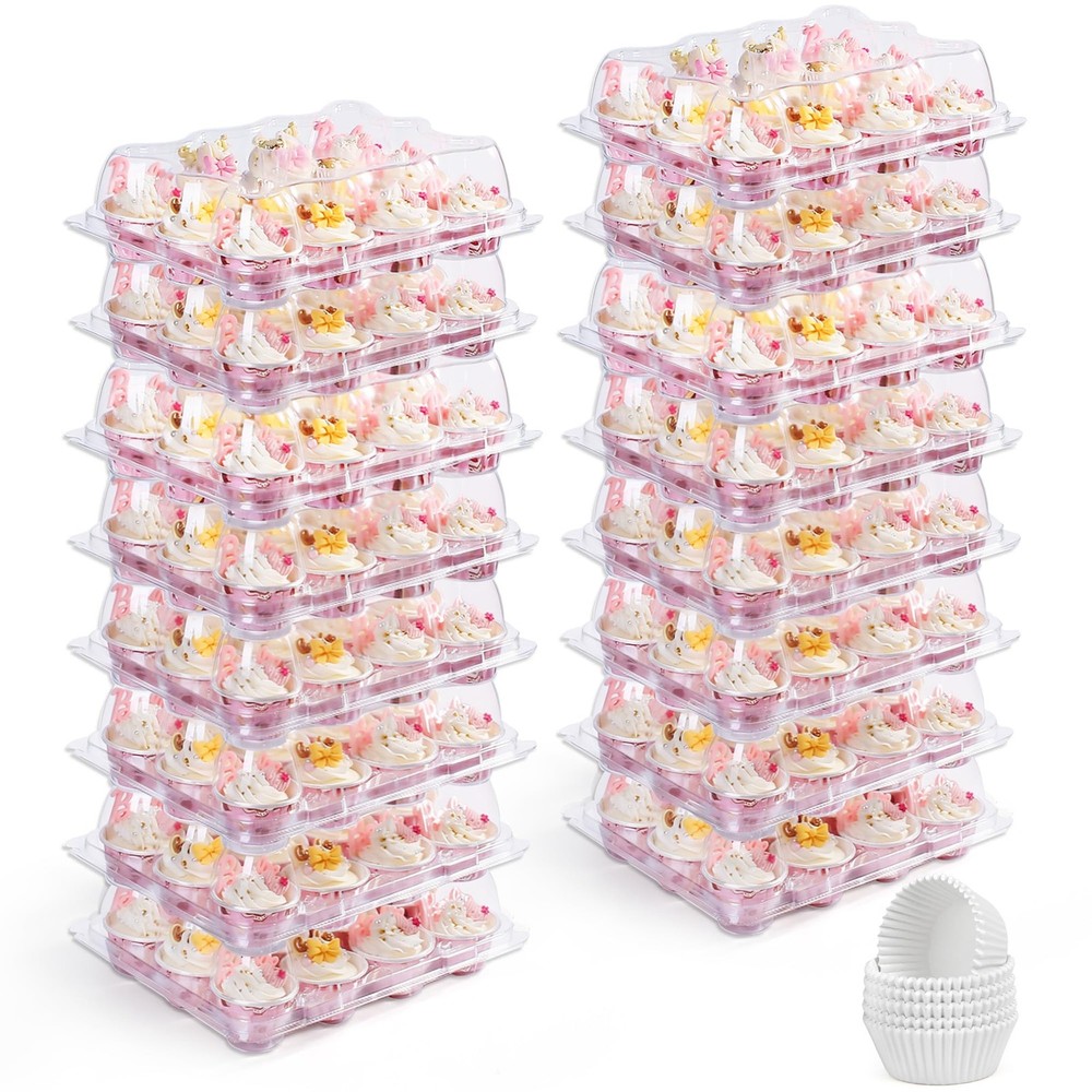 (12 Count x 40 Sets) Mini Cupcake Containers with 480 Liners, Clear Plastic C...