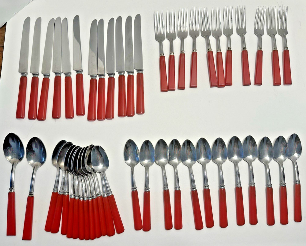 Red Bakelite Handled Stainless Flatware USA - 40 pieces
