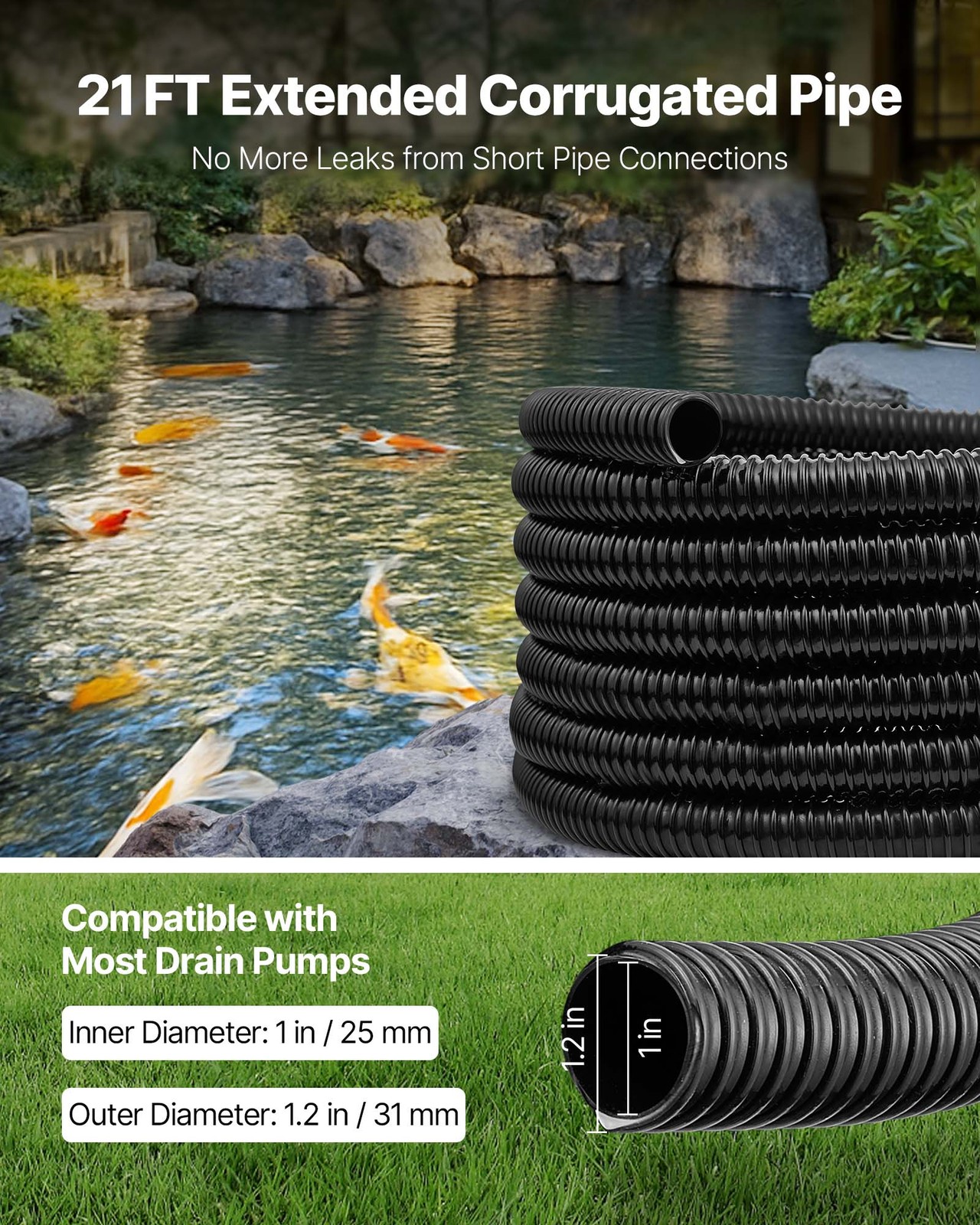 VEVOR 21 ft Corrugated Pond Tubing 1 in ID Flexible PVC Hose Drain Pipe 1 Pcs