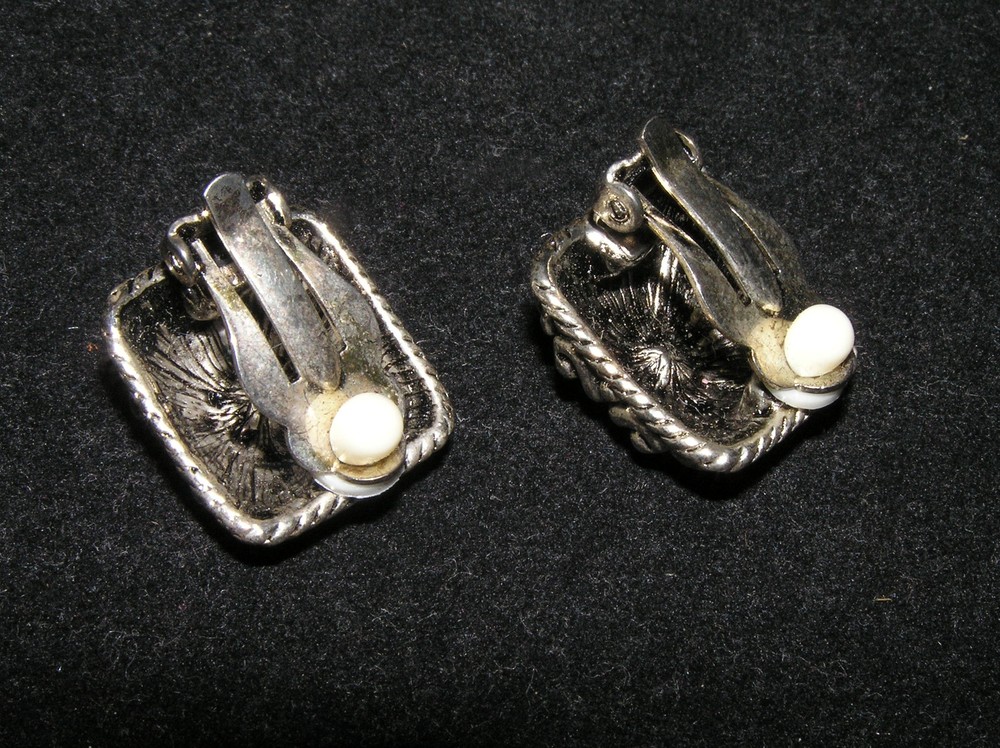 Estate Oxidized Silvertone Domed Square with Scrollwork & Tiny Black Rhinestone