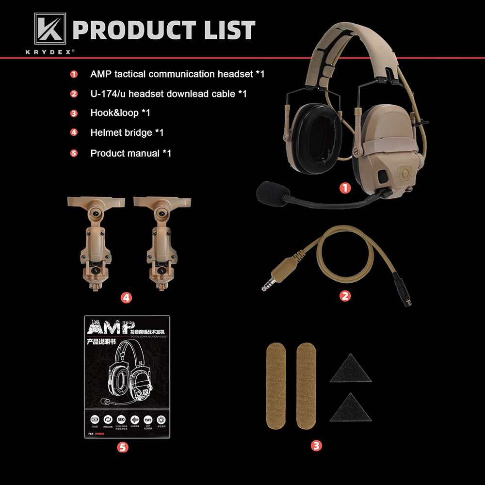 KRYDEX FCS AMP Tactical Headset Pickup Noise Reduction Earmuf fo Shooting Helmet