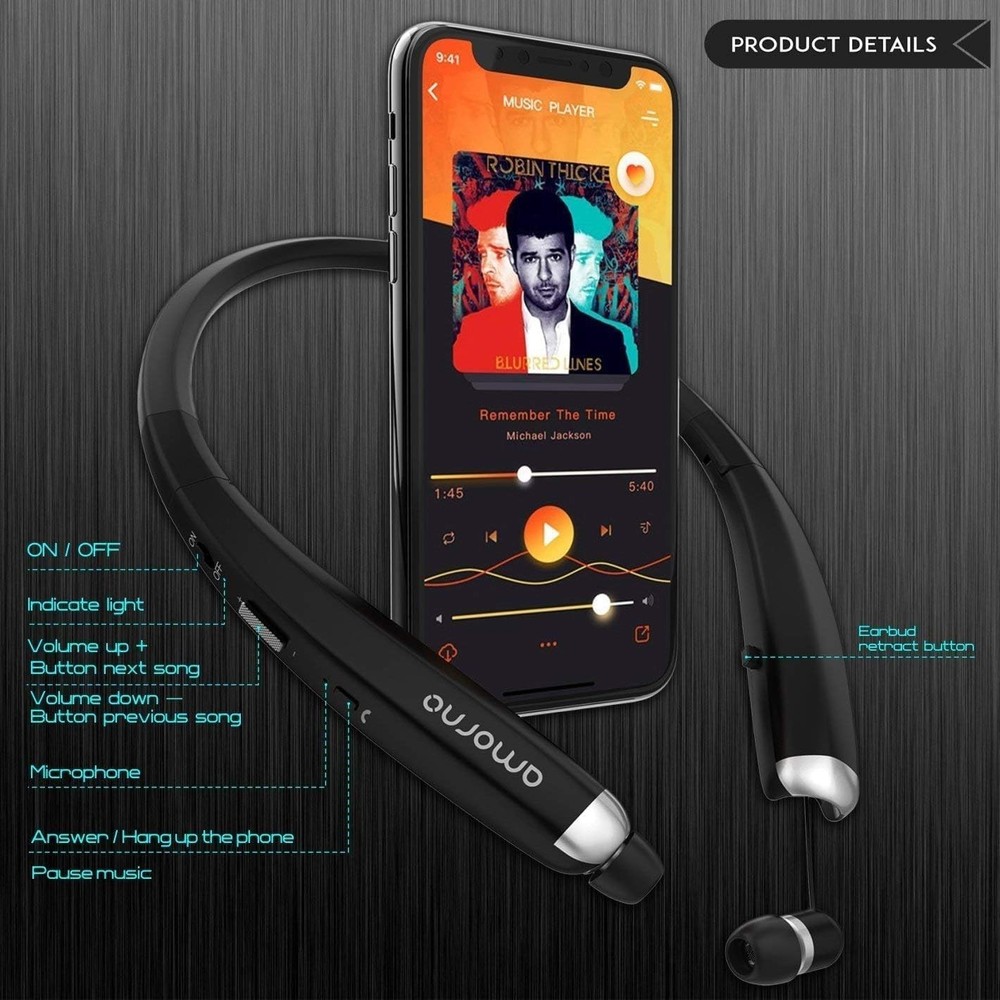 Bluetooth Headphones Foldable Wireless Neckband Headset with Retractable Ear