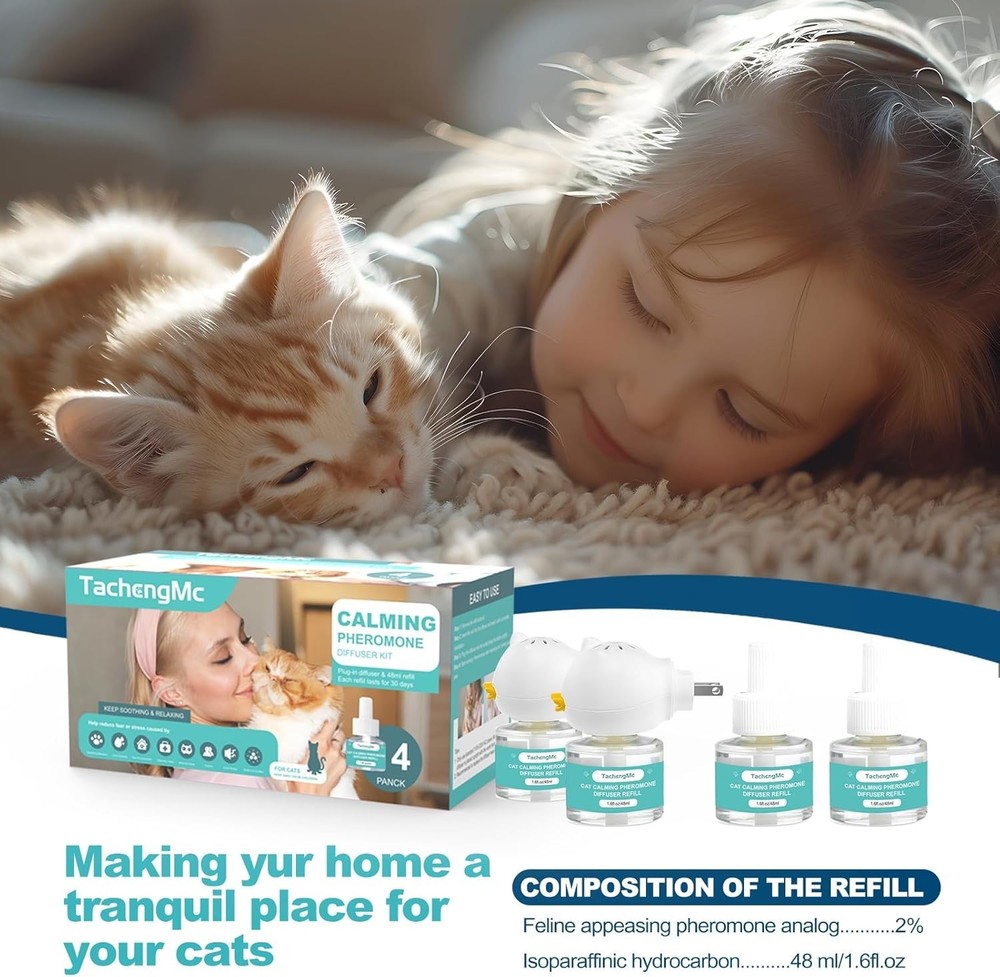 4 Pack TachengMc Cat Calming Diffuser, Cat Pheromones 2 Diffuser + 4 Refill 48ml